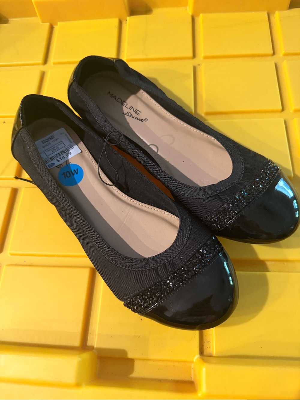 Madeline Stuart Black Women's Slip-On Ballet Flats with Beaded Patent Toe Cap